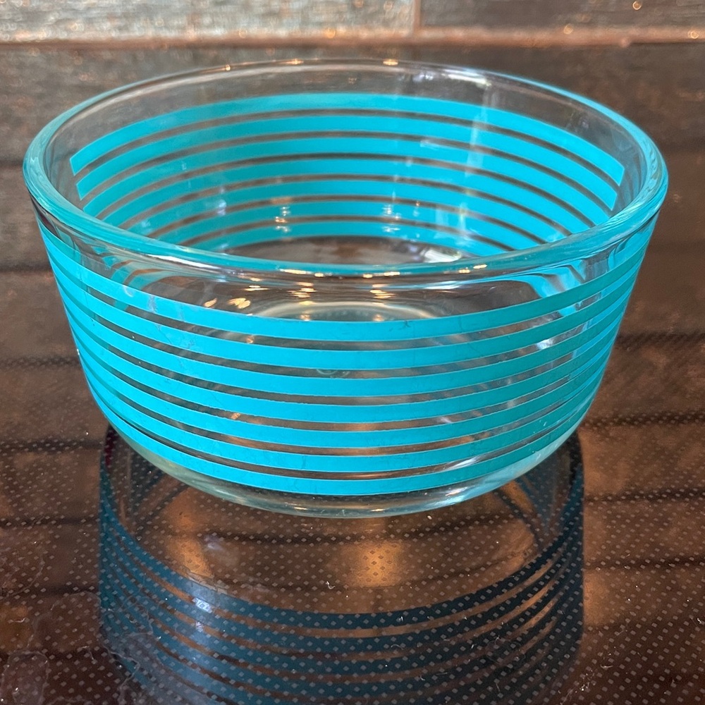 Pyrex 1980’s Blue Striped Bowl Decorated Glass Storage Container